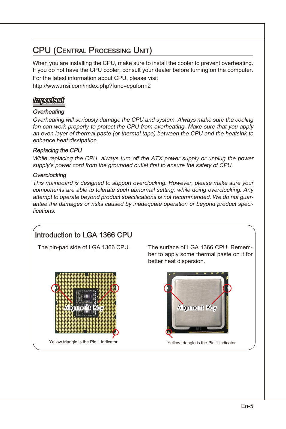 Cpu (c, Important, Introducton to lga 1366 cpu | MSI X58 Pro-E User Manual | Page 15 / 170