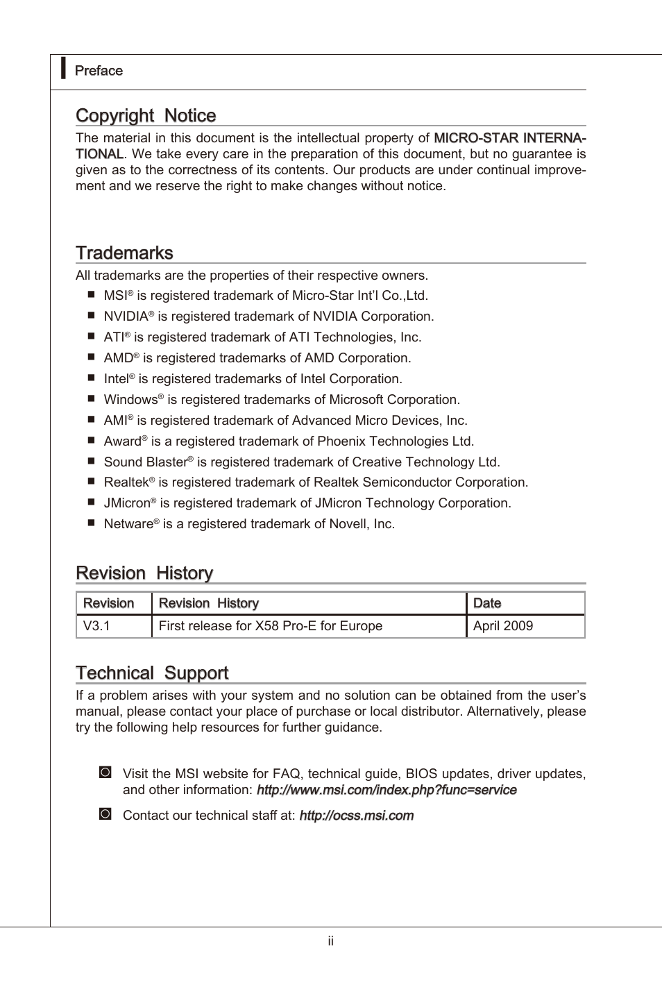Copyrght notce, Trademarks, Revson hstory | Techncal support | MSI X58 Pro-E User Manual | Page 2 / 170