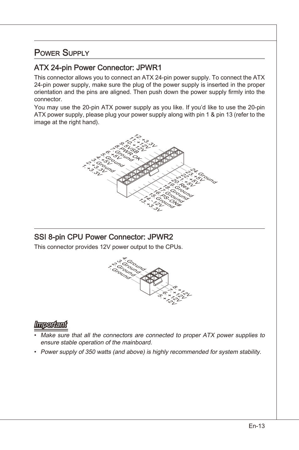 Atx 24-pn power connector: jpwr1, Ssi 8-pn cpu power connector: jpwr2, Important | MSI X58 Pro-E User Manual | Page 23 / 170