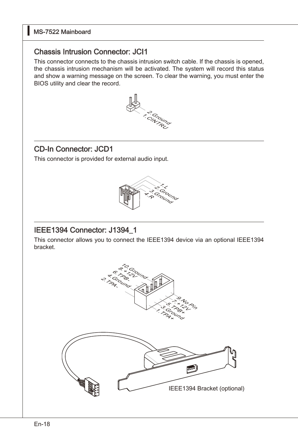 Chasss intruson connector: jci1, Cd-in connector: jcd1 | MSI X58 Pro-E User Manual | Page 28 / 170