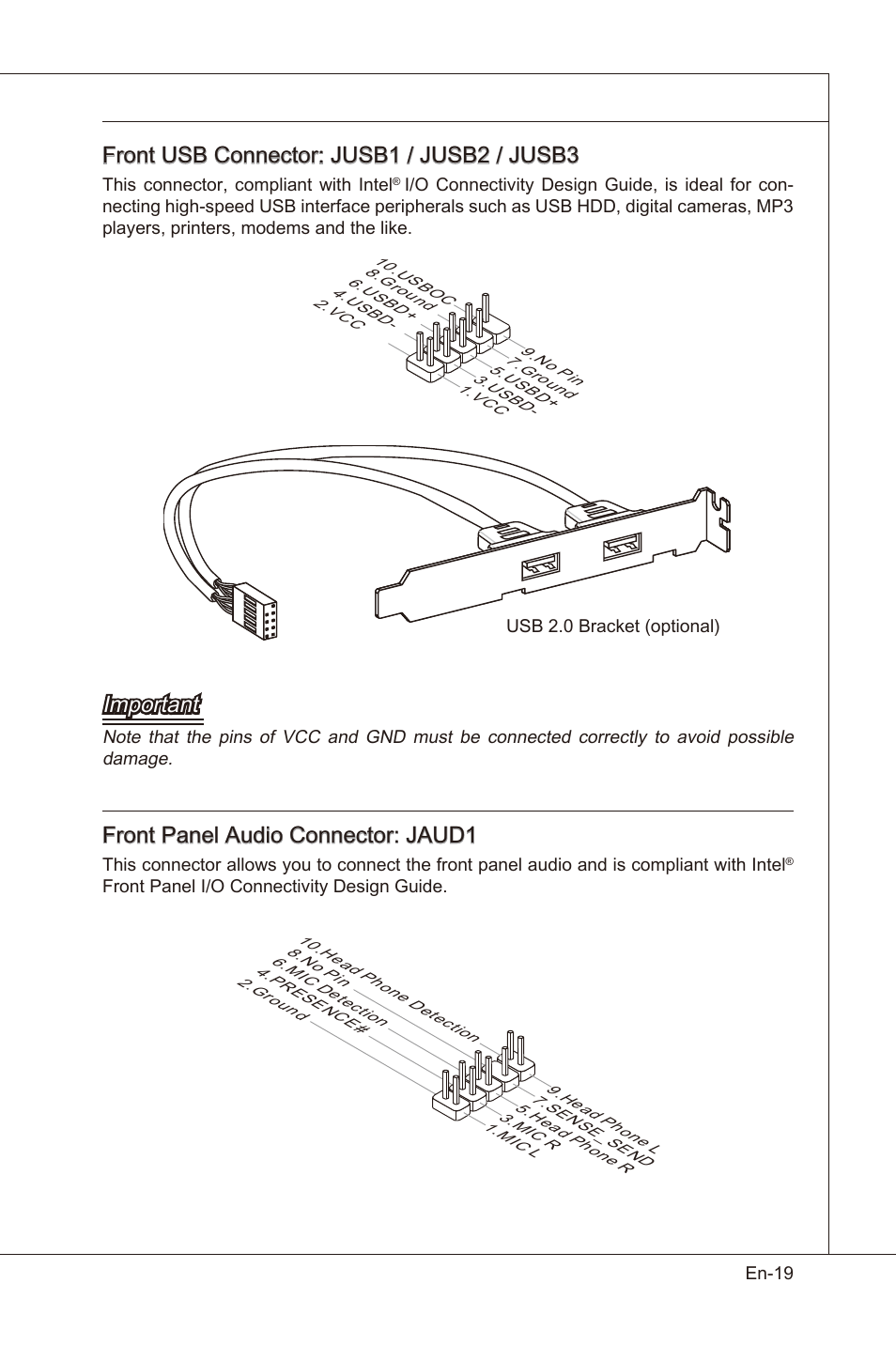 Front usb connector: jusb1 / jusb2 / jusb3, Important, Front panel audo connector: jaud1 | MSI X58 Pro-E User Manual | Page 29 / 170