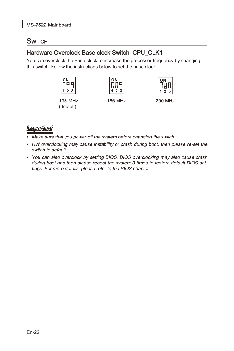 Hardware overclock base clock swtch: cpu_clk1, Important | MSI X58 Pro-E User Manual | Page 32 / 170