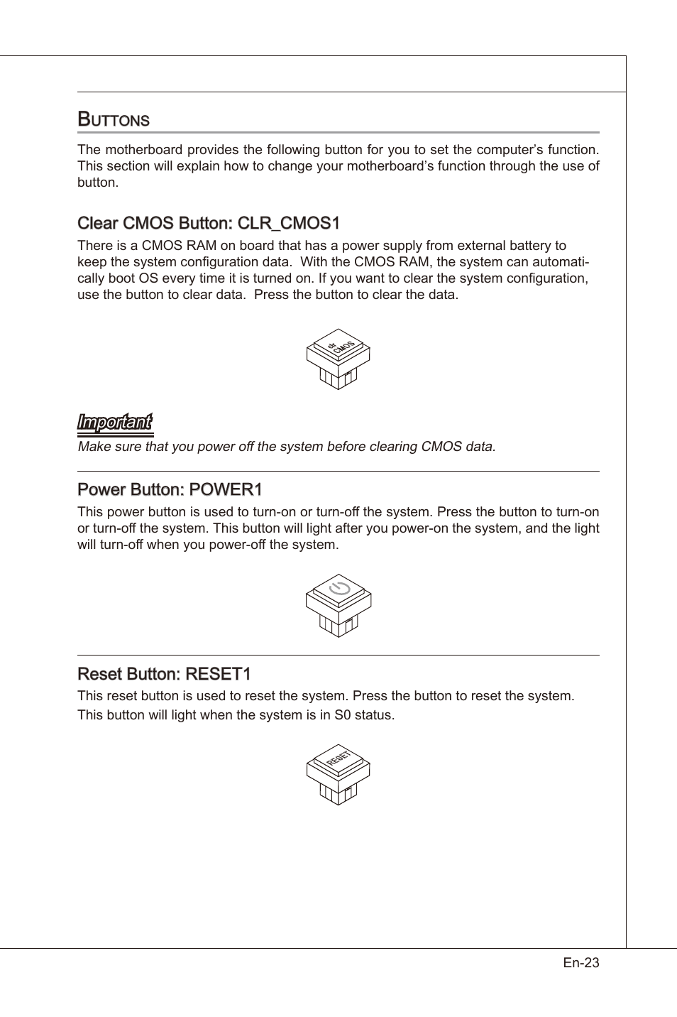 Clear cmos button: clr_cmos1, Important, Power button: power1 | Reset button: reset1 | MSI X58 Pro-E User Manual | Page 33 / 170