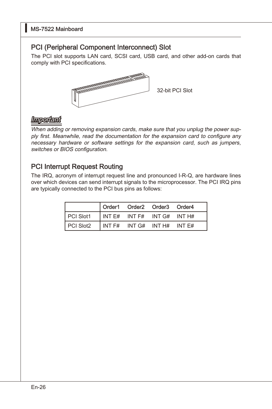 Pci (perpheral component interconnect) slot, Important, Pci interrupt request routng | MSI X58 Pro-E User Manual | Page 36 / 170