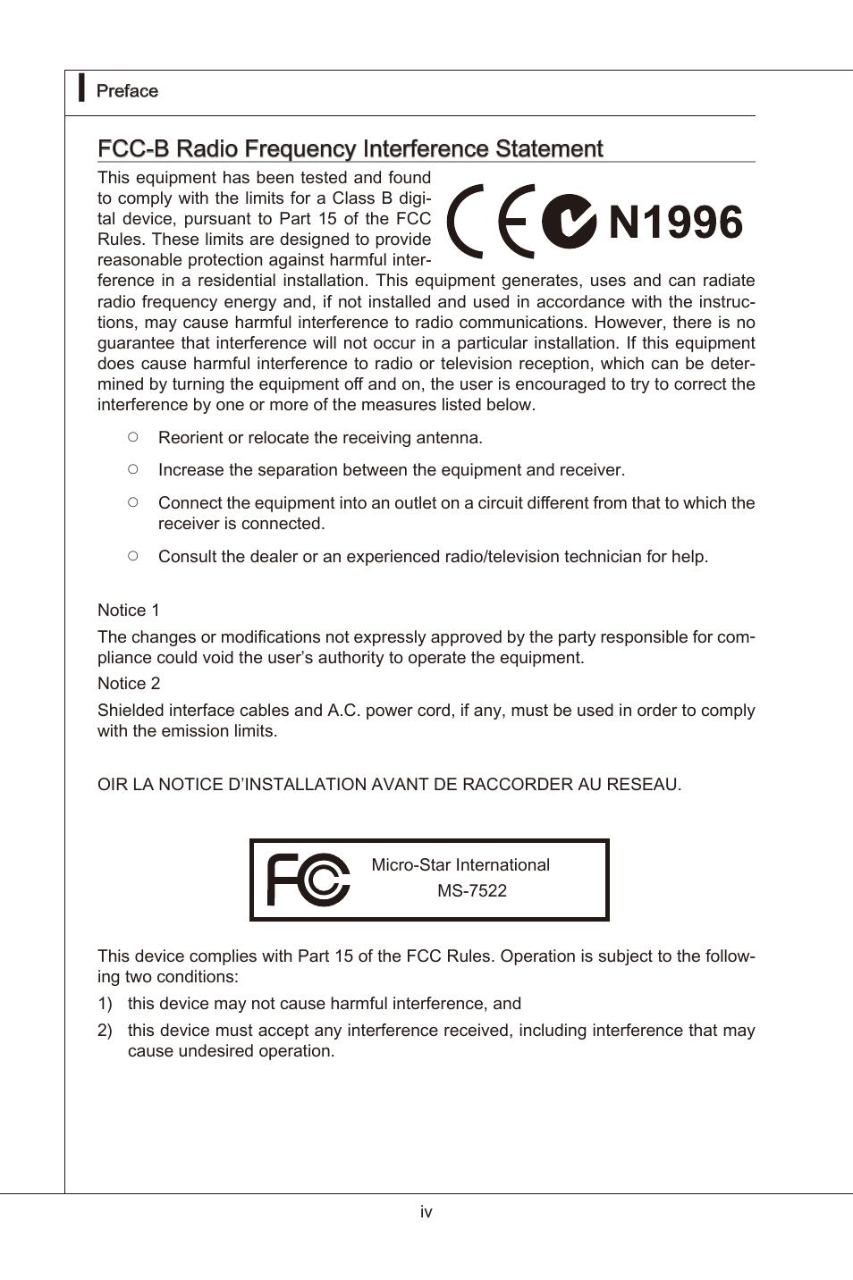 Fcc-b rado frequency interference statement | MSI X58 Pro-E User Manual | Page 4 / 170