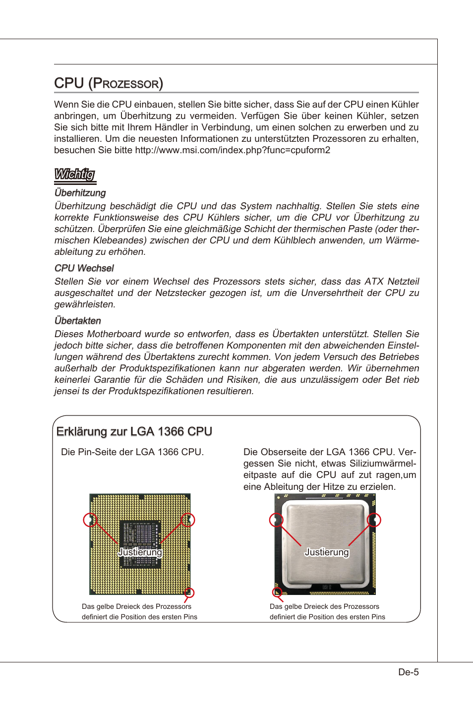 Cpu (p, Wchtg, Erklärung zur lga 1366 cpu | MSI X58 Pro-E User Manual | Page 55 / 170