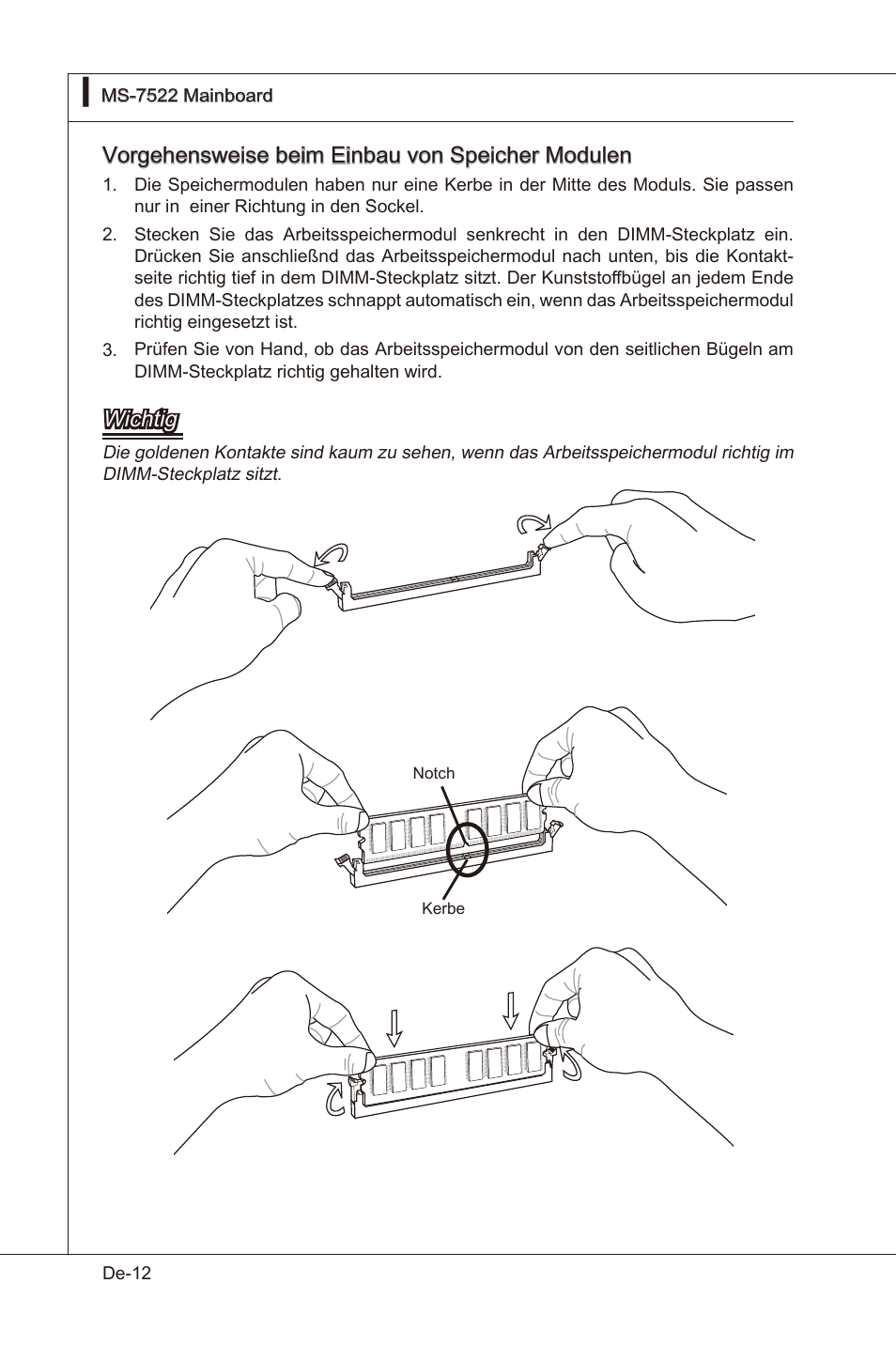 Vorgehenswese bem enbau von specher modulen, Wchtg | MSI X58 Pro-E User Manual | Page 62 / 170