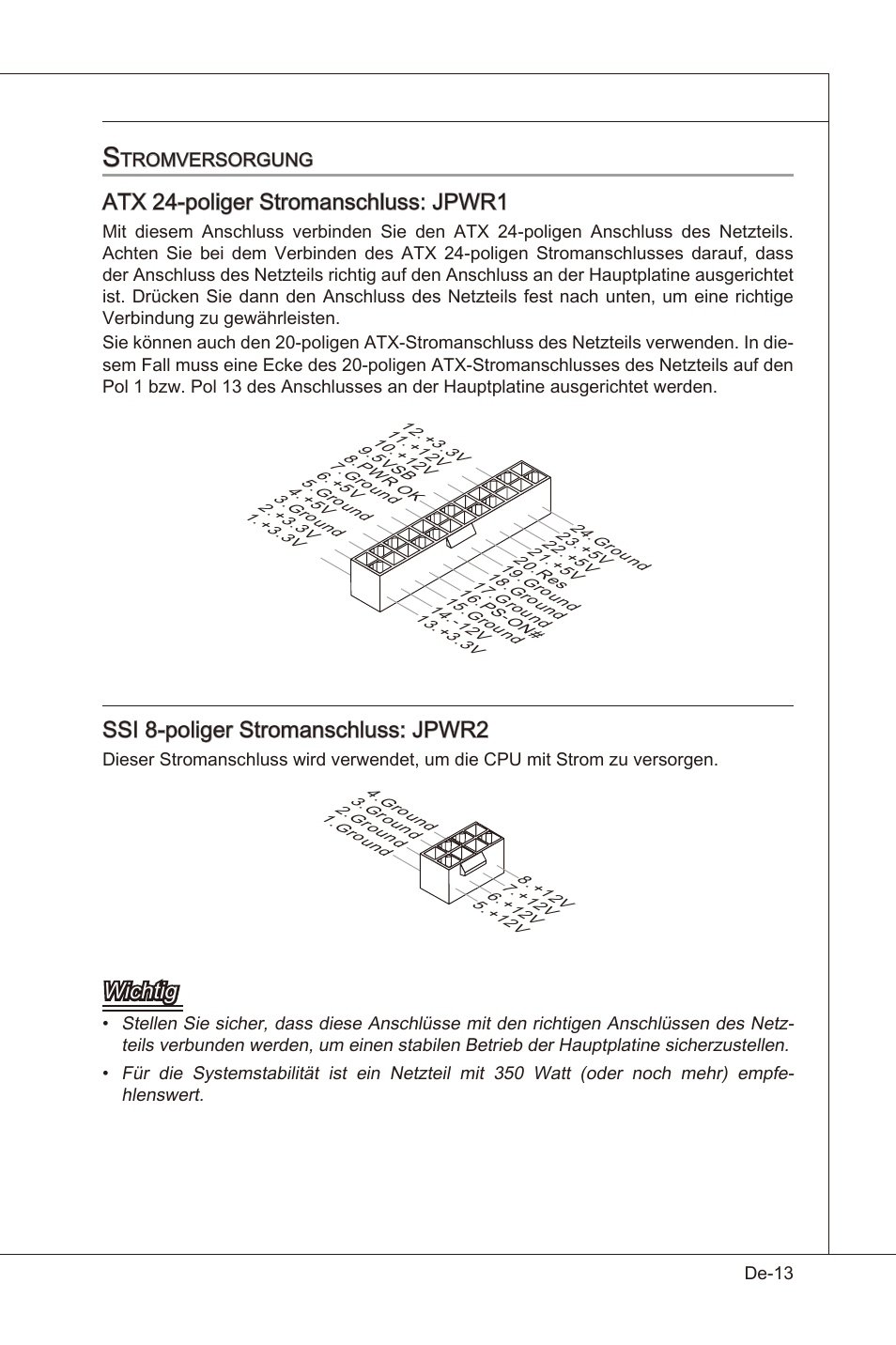 Atx 24-polger stromanschluss: jpwr1, Ssi 8-polger stromanschluss: jpwr2, Wchtg | MSI X58 Pro-E User Manual | Page 63 / 170