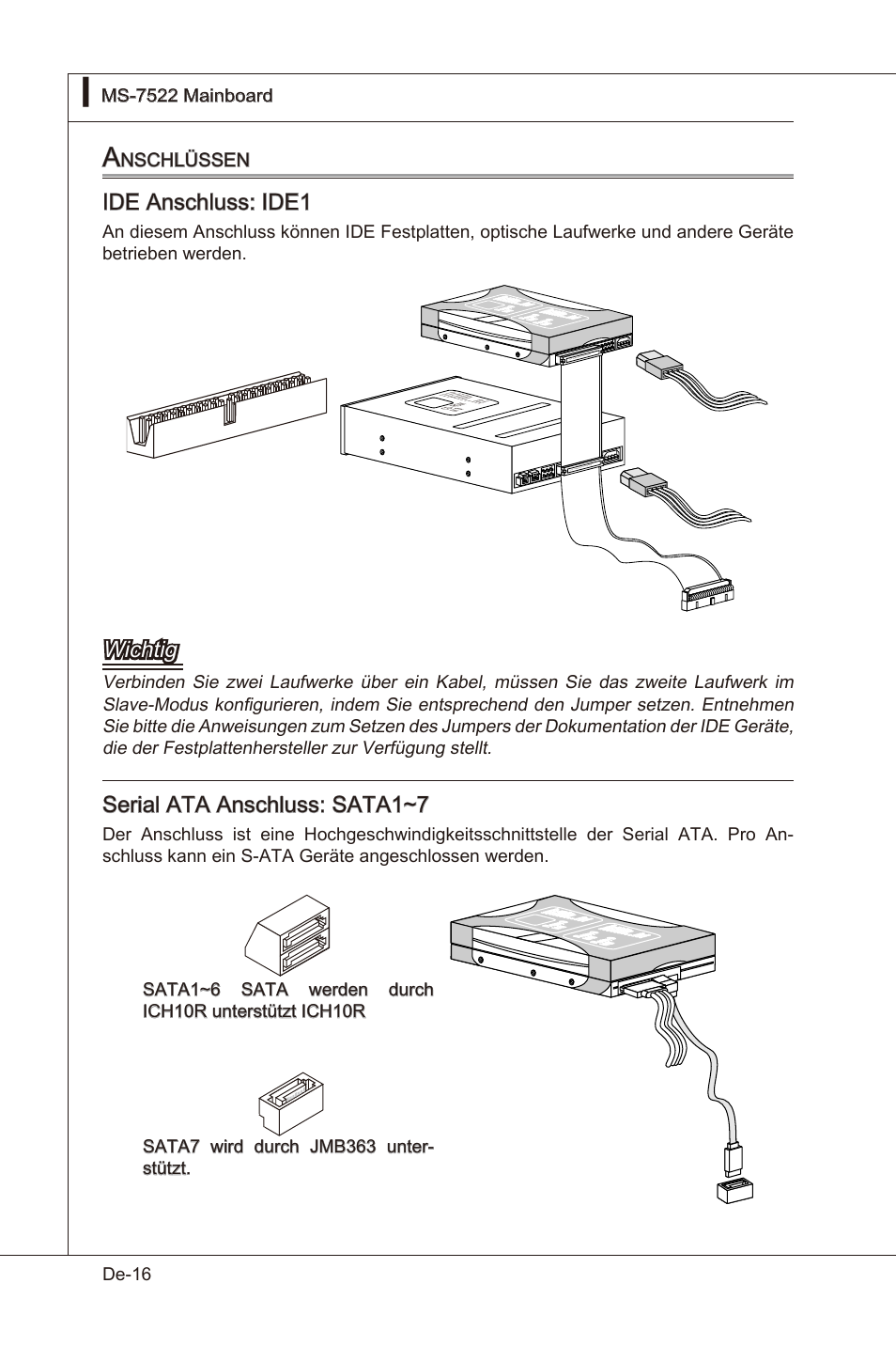 Ide anschluss: ide1, Wchtg, Seral ata anschluss: sata1~7 | Nschlüssen | MSI X58 Pro-E User Manual | Page 66 / 170