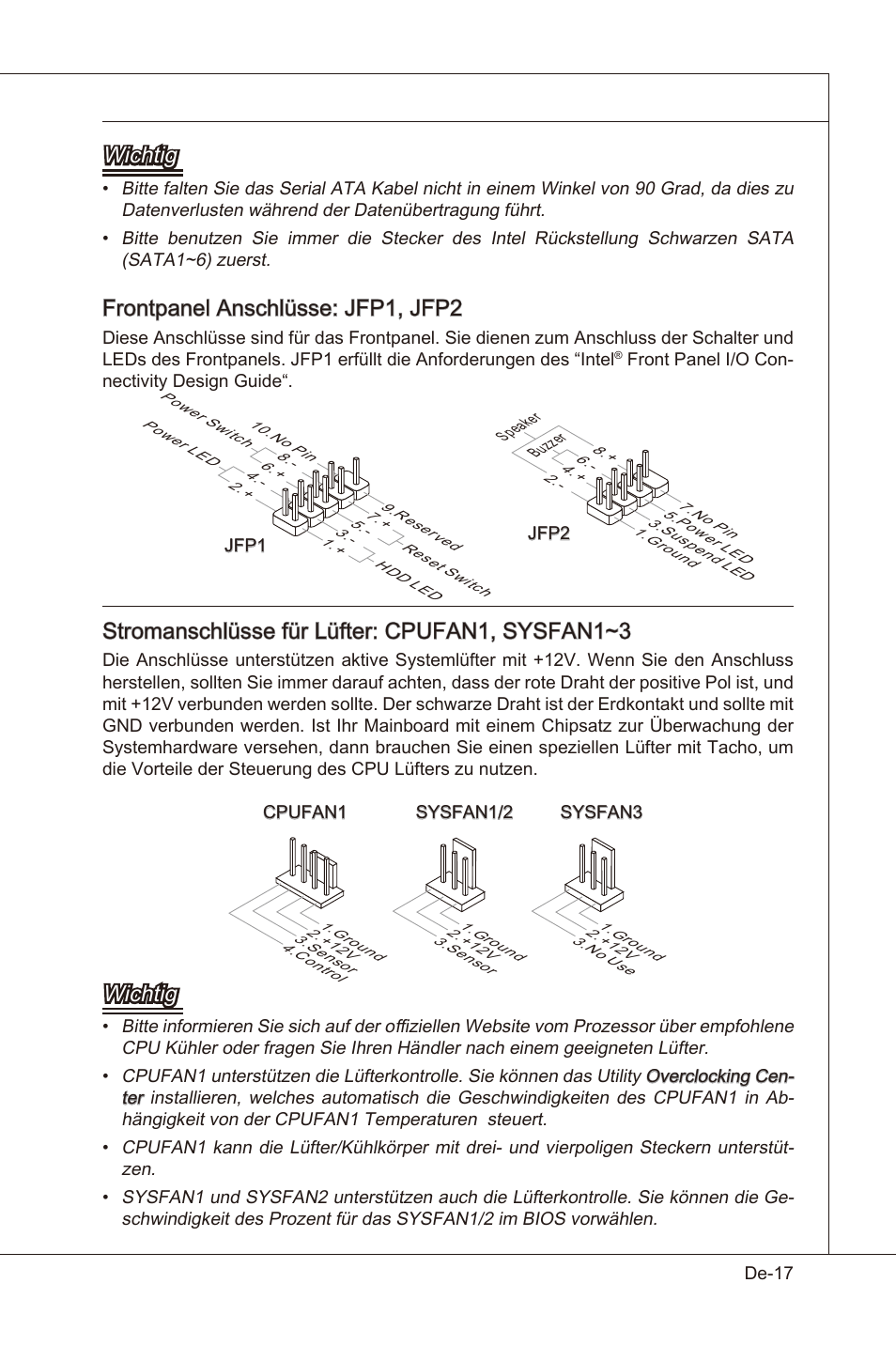 Wchtg, Frontpanel anschlüsse: jfp1, jfp2, Stromanschlüsse für lüfter: cpufan1, sysfan1~3 | MSI X58 Pro-E User Manual | Page 67 / 170