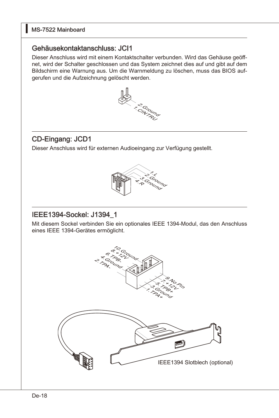 Gehäusekontaktanschluss: jci1, Cd-engang: jcd1 | MSI X58 Pro-E User Manual | Page 68 / 170