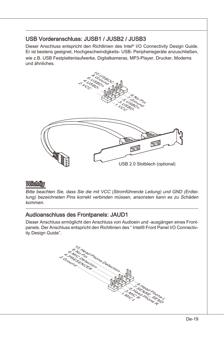 Usb vorderanschluss: jusb1 / jusb2 / jusb3, Wchtg, Audoanschluss des frontpanels: jaud1 | MSI X58 Pro-E User Manual | Page 69 / 170