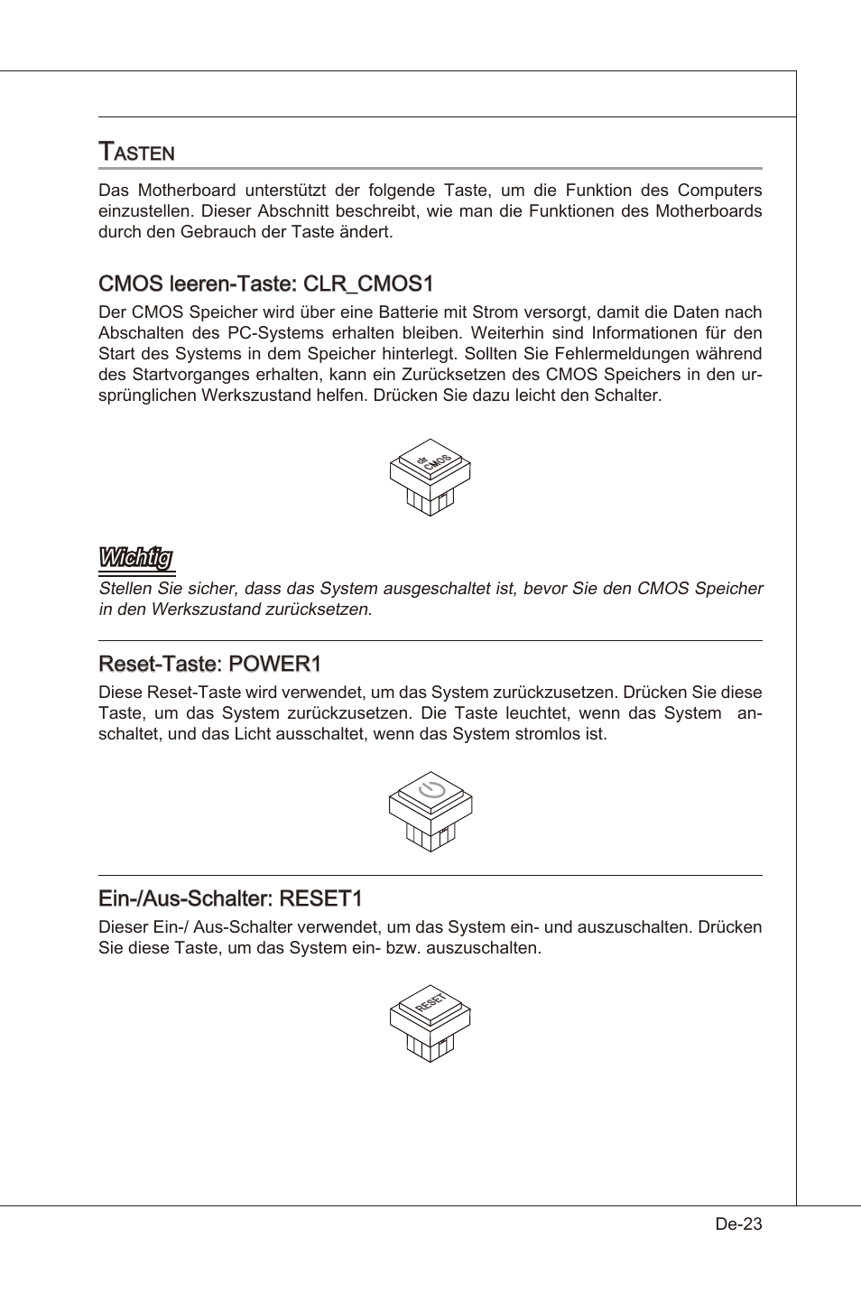 Cmos leeren-taste: clr_cmos1, Wchtg, Reset-taste: power1 | En-/aus-schalter: reset1 | MSI X58 Pro-E User Manual | Page 73 / 170