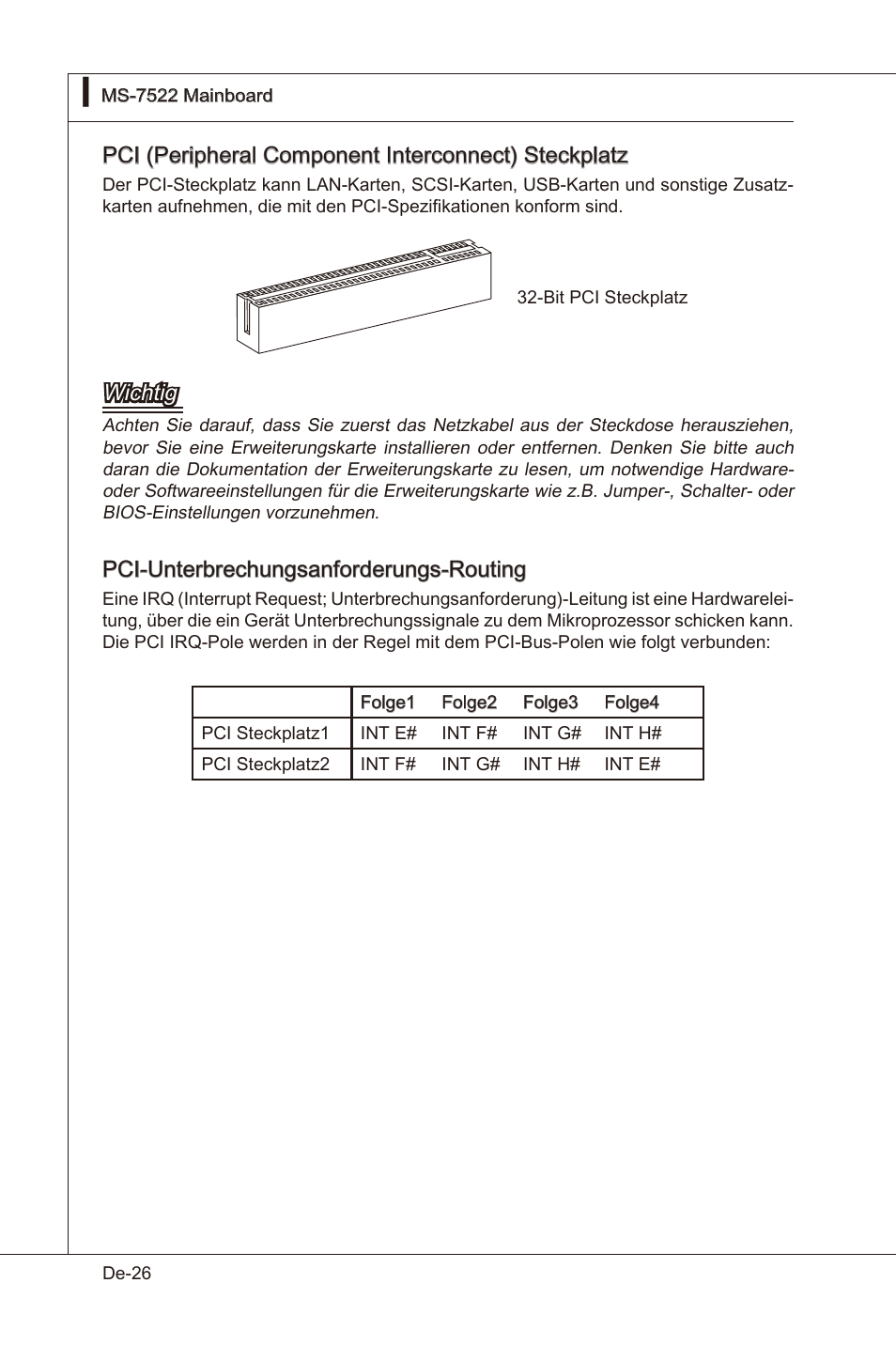 Pci (perpheral component interconnect) steckplatz, Wchtg, Pci-unterbrechungsanforderungs-routng | MSI X58 Pro-E User Manual | Page 76 / 170