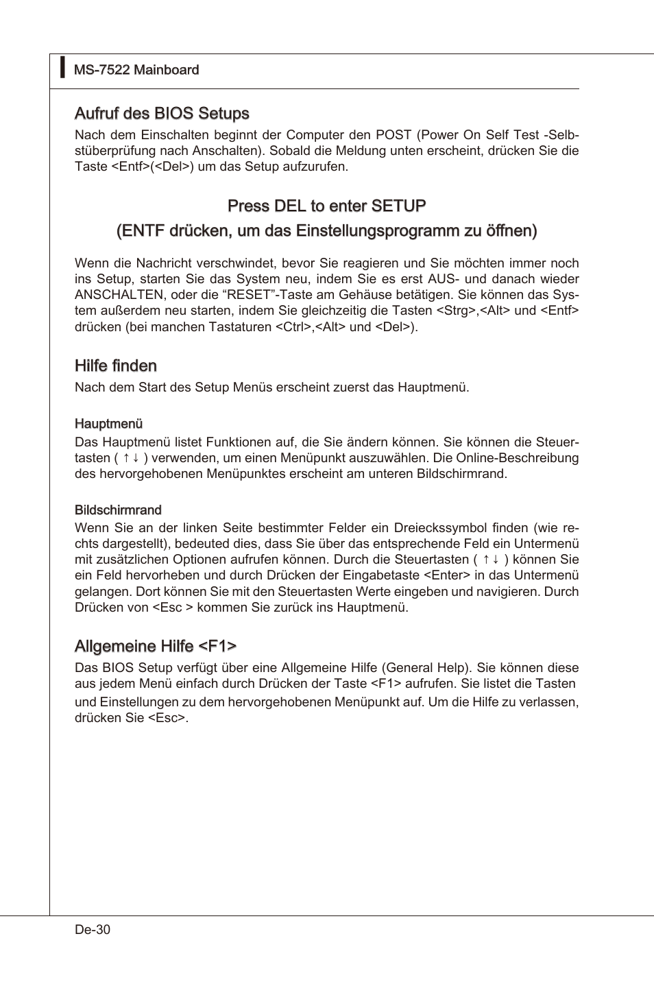 Aufruf des bios setups, Hlfe finden, Allgemene hlfe <f1 | MSI X58 Pro-E User Manual | Page 80 / 170