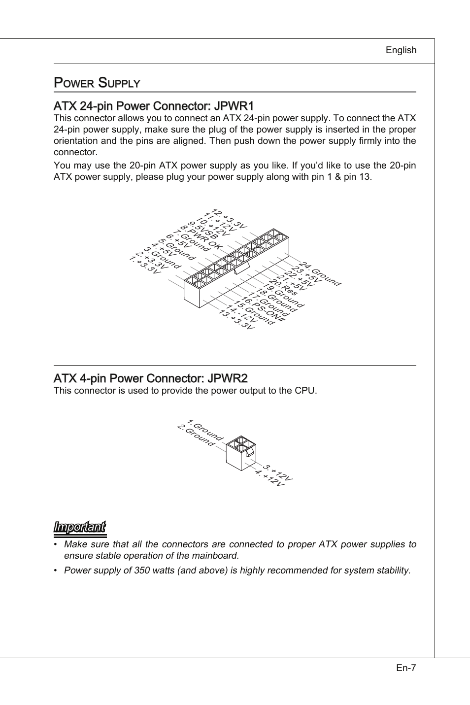 Atx 24-pin power connector: jpwr1, Atx 4-pin power connector: jpwr2, Important | MSI Wind Board D510 User Manual | Page 17 / 106