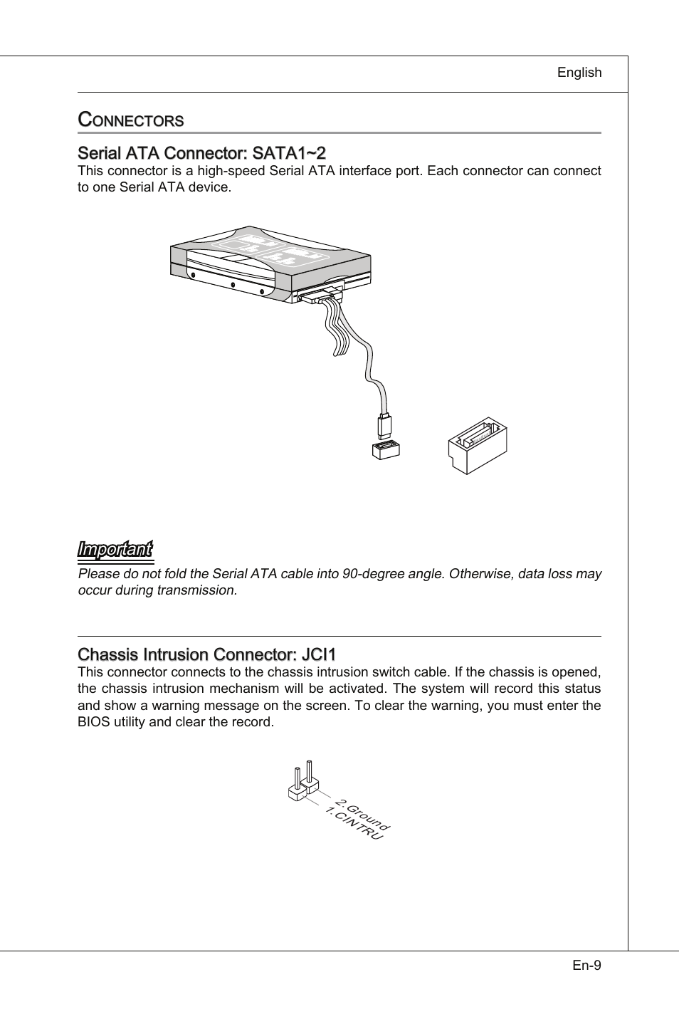 Serial ata connector: sata1~2, Important, Chassis intrusion connector: jci1 | Onnectors, En-9 english, C int ru 2.g roun d | MSI Wind Board D510 User Manual | Page 19 / 106