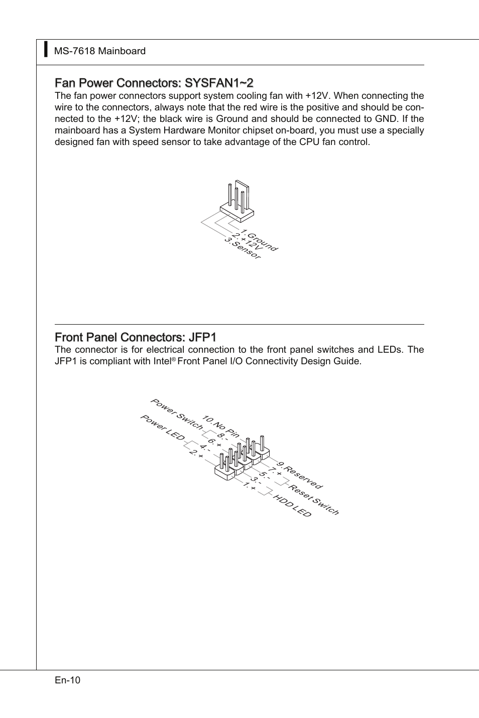 Fan power connectors: sysfan1~2, Front panel connectors: jfp1 | MSI Wind Board D510 User Manual | Page 20 / 106