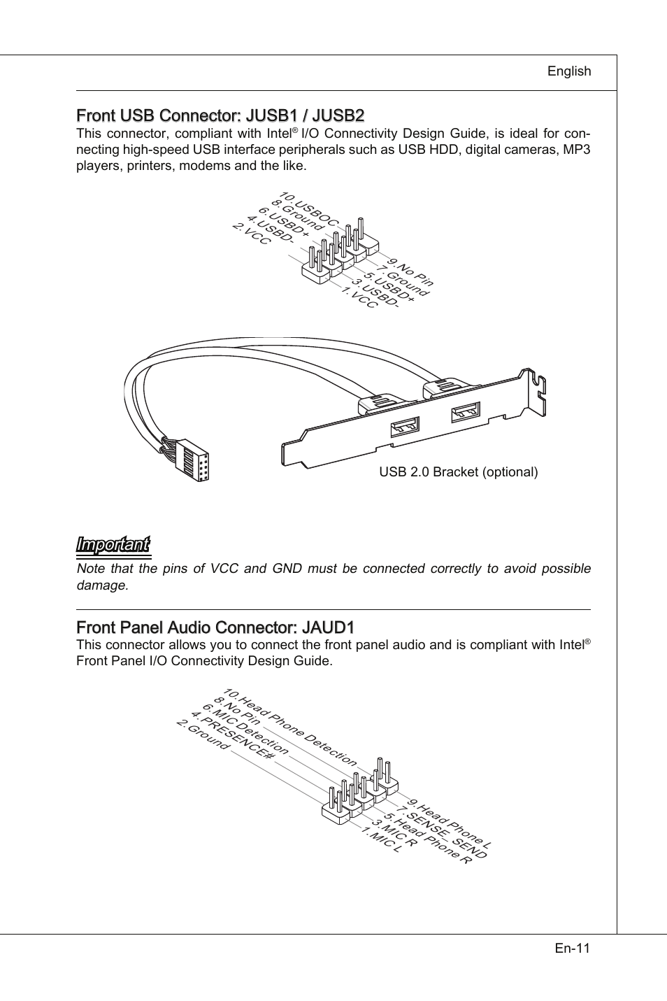 Front usb connector: jusb1 / jusb2, Important, Front panel audio connector: jaud1 | MSI Wind Board D510 User Manual | Page 21 / 106