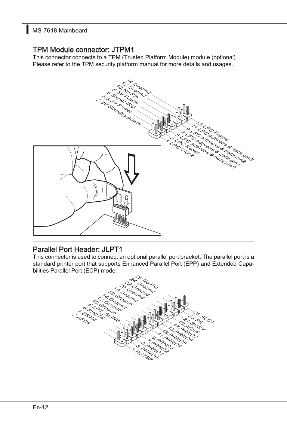 Tpm module connector: jtpm1, Parallel port header: jlpt1 | MSI Wind Board D510 User Manual | Page 22 / 106