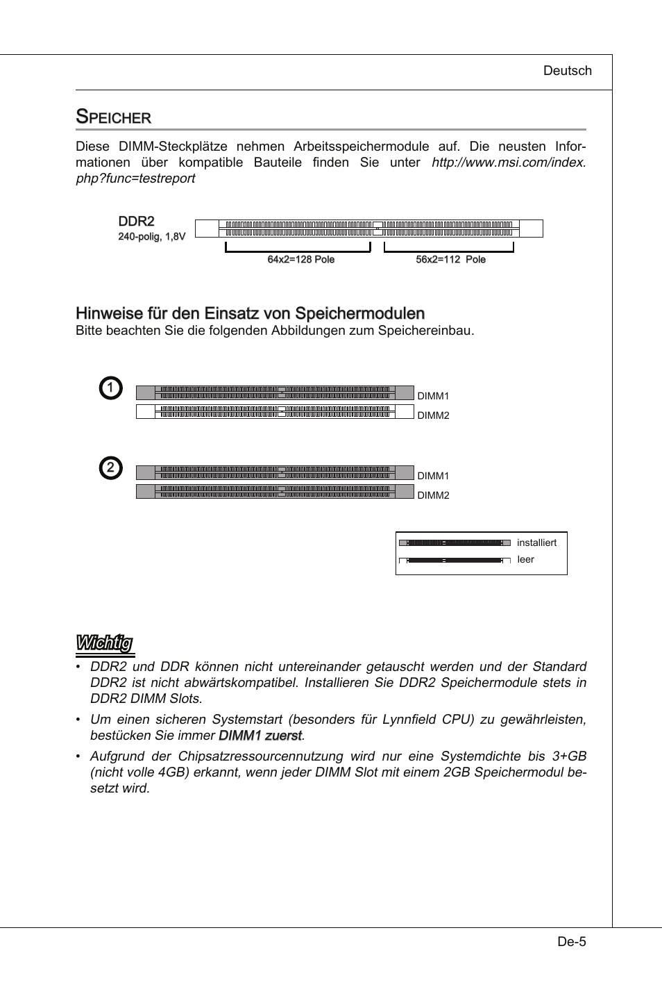 Hinweise für den einsatz von speichermodulen, Wichtig | MSI Wind Board D510 User Manual | Page 39 / 106