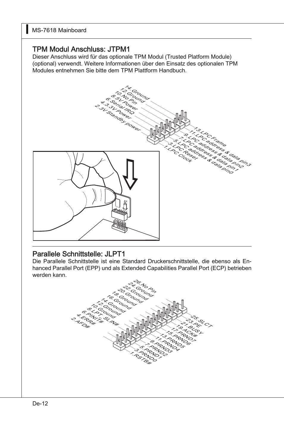 Tpm modul anschluss: jtpm1, Parallele schnittstelle: jlpt1 | MSI Wind Board D510 User Manual | Page 46 / 106