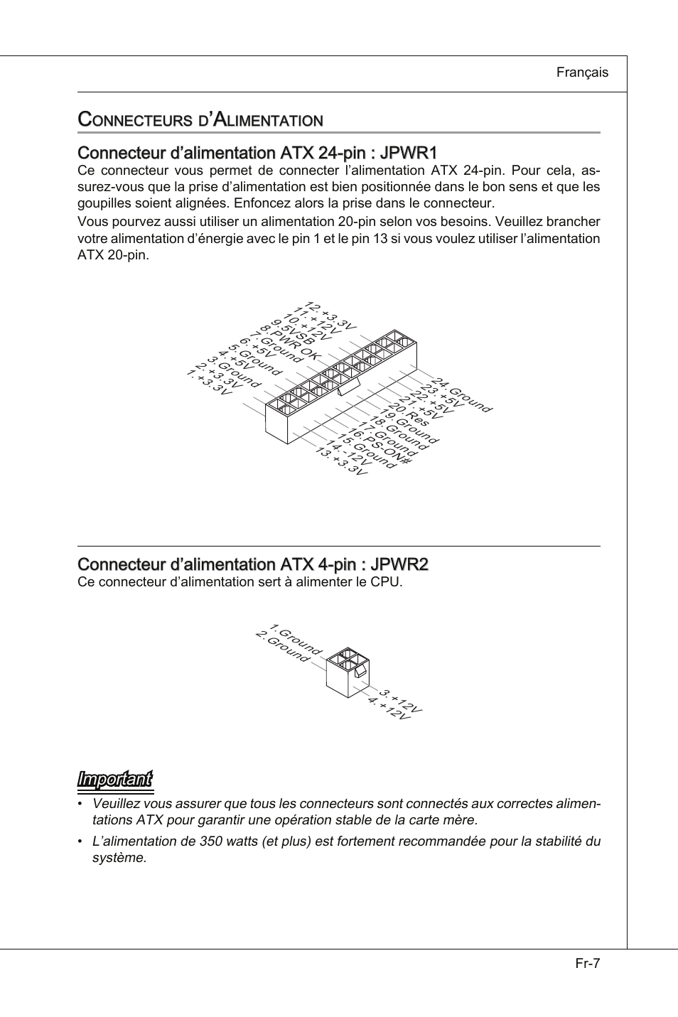 Connecteur d’alimentation atx 24-pin : jpwr1, Connecteur d’alimentation atx 4-pin : jpwr2, Important | MSI Wind Board D510 User Manual | Page 65 / 106