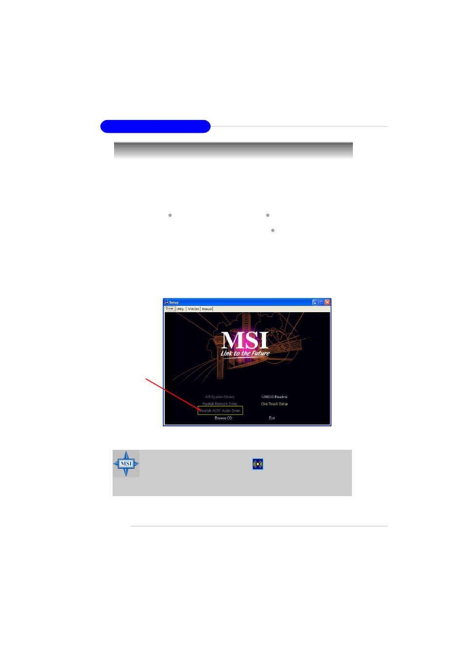 Installing the audio driver, Installation for windows 2000/xp | MSI RS482M2-IL/L User Manual | Page 81 / 136