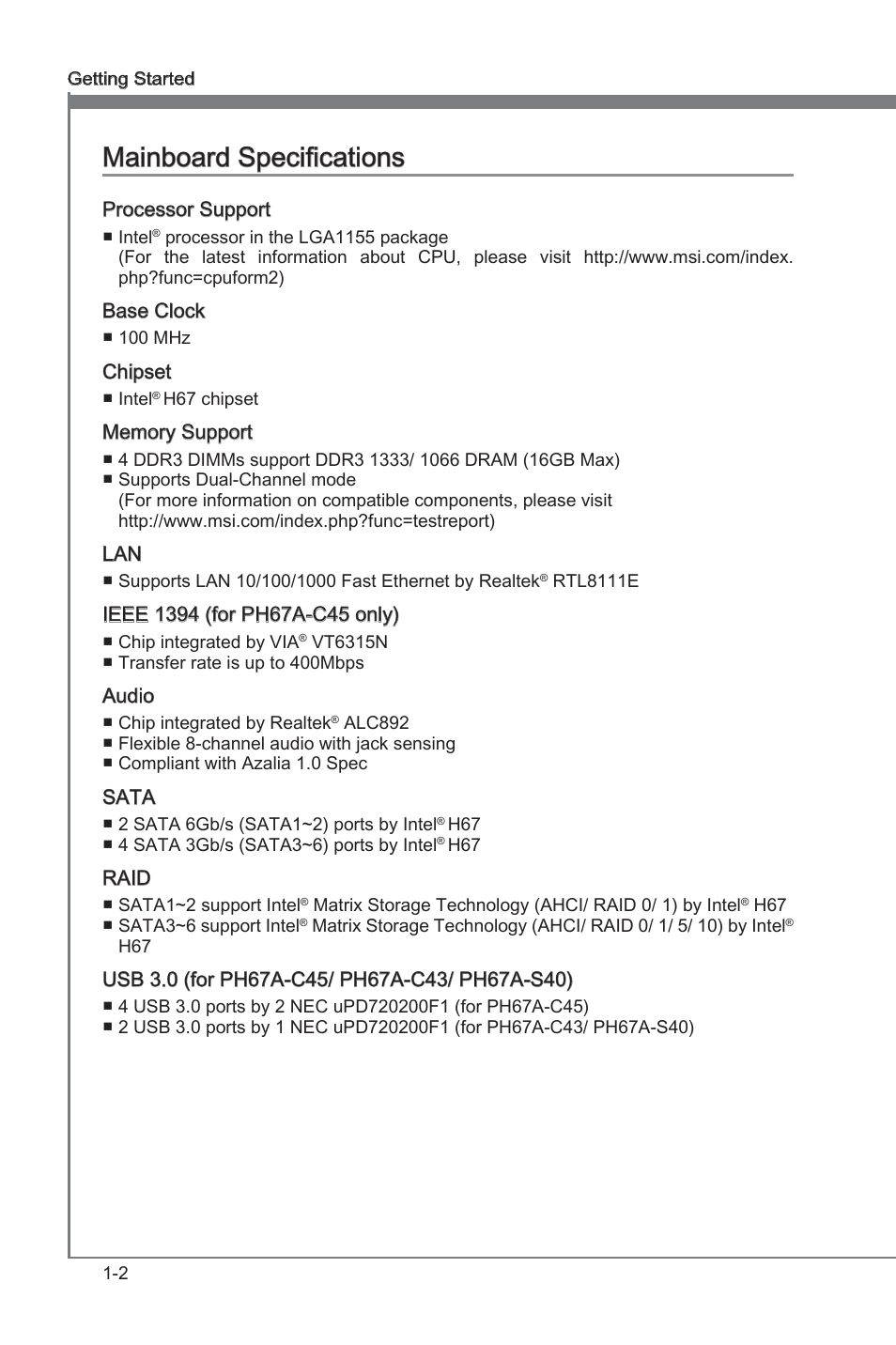 Mainboard specifications, Manboard specficatons -2, Manboard specficatons | MSI PH67S-C43 (B3) User Manual | Page 12 / 82