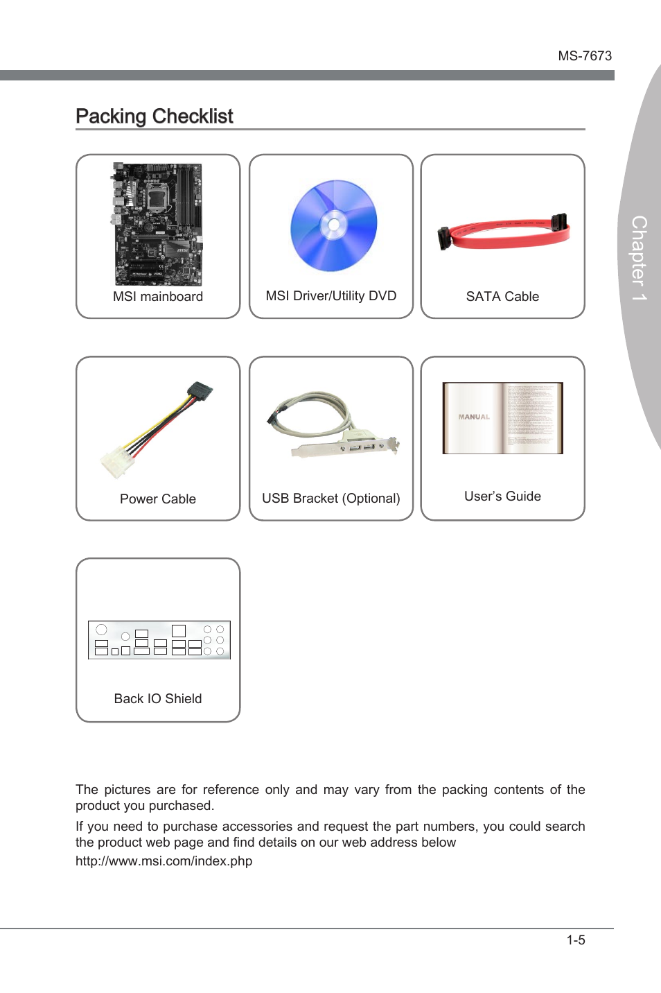 Packing checklist, Packng checklst -5, Chapter 1 | Packng checklst | MSI PH67S-C43 (B3) User Manual | Page 15 / 82