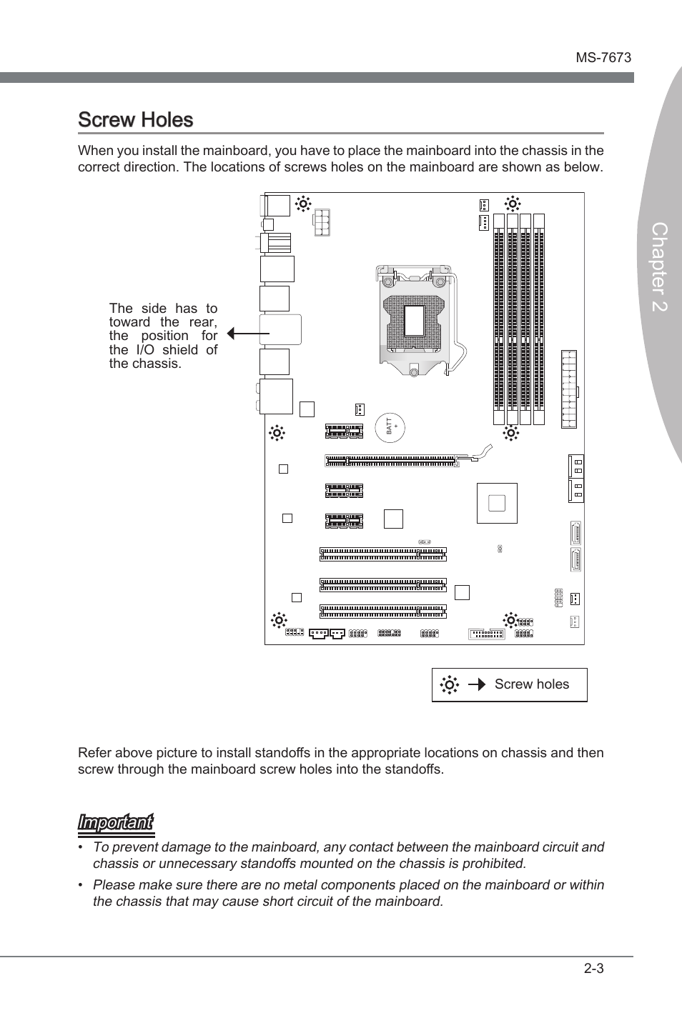 Screw holes, Screw holes -3, Chapter 2 screw holes | Important | MSI PH67S-C43 (B3) User Manual | Page 19 / 82