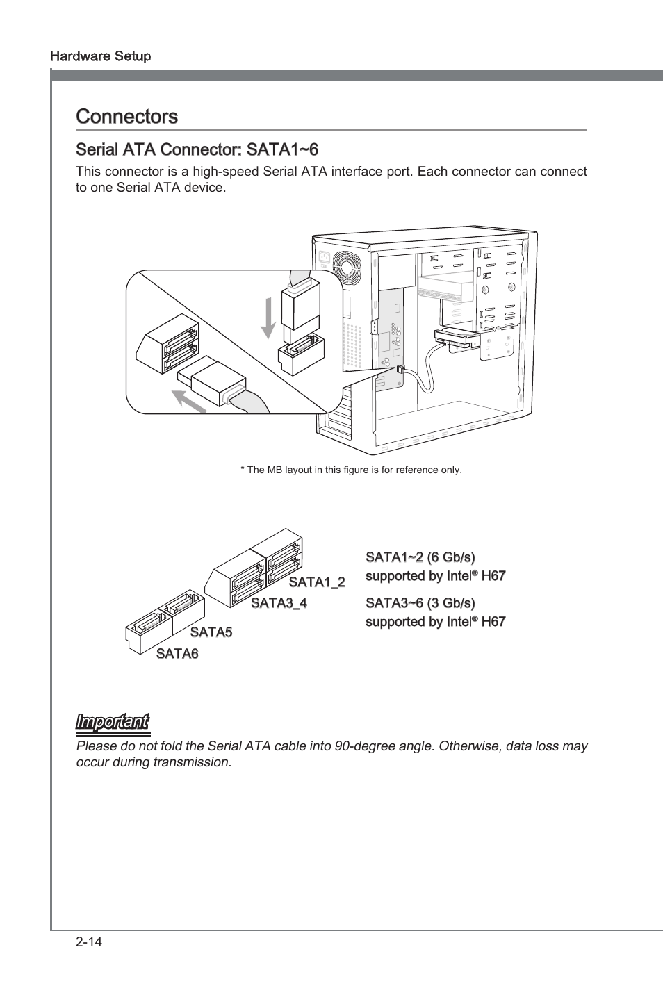 Connectors, Connectors -14, Seral ata connector: sata1~6 | Important | MSI PH67S-C43 (B3) User Manual | Page 30 / 82