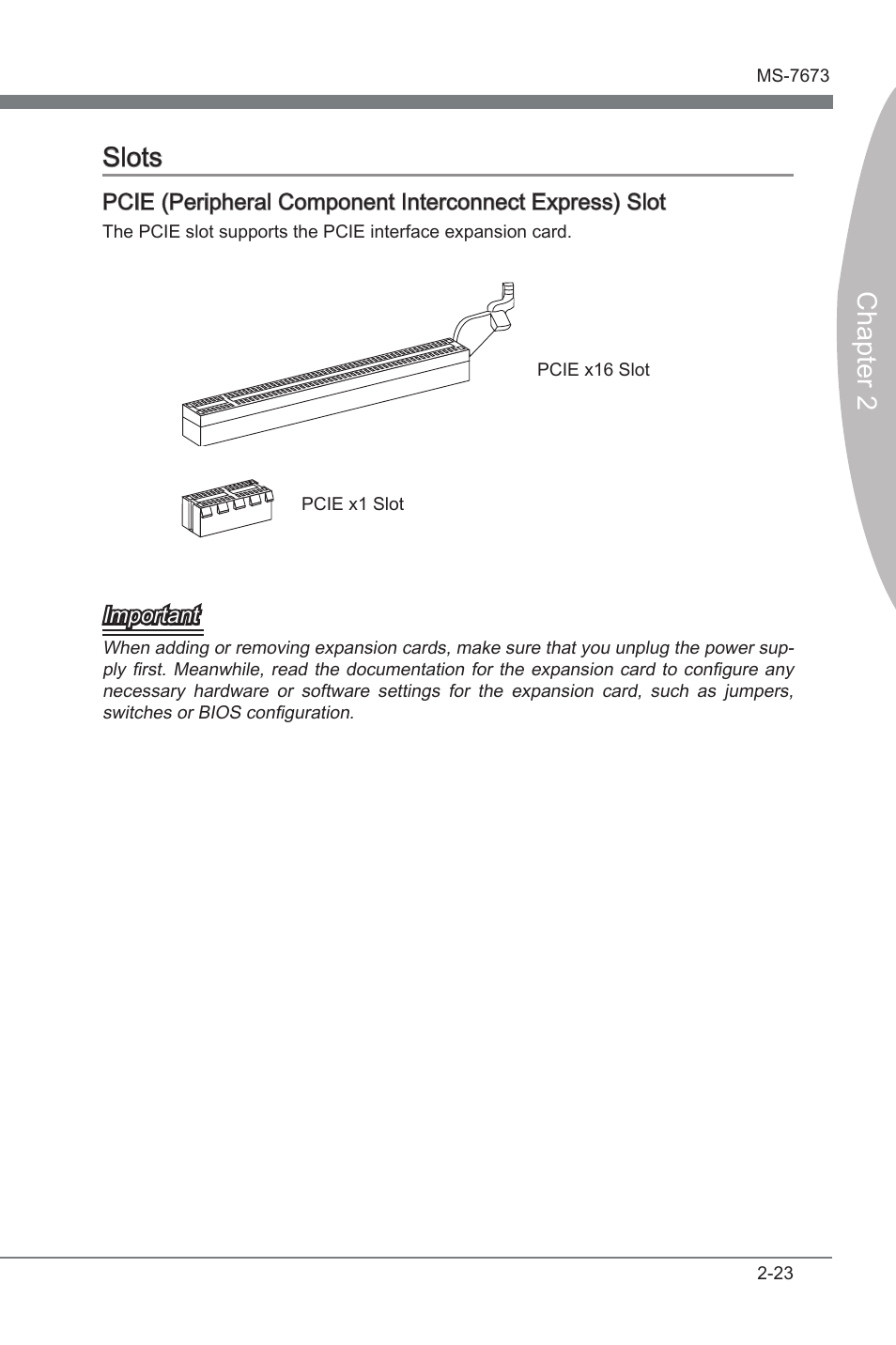 Slots, Slots -23, Chapter 2 slots | MSI PH67S-C43 (B3) User Manual | Page 39 / 82