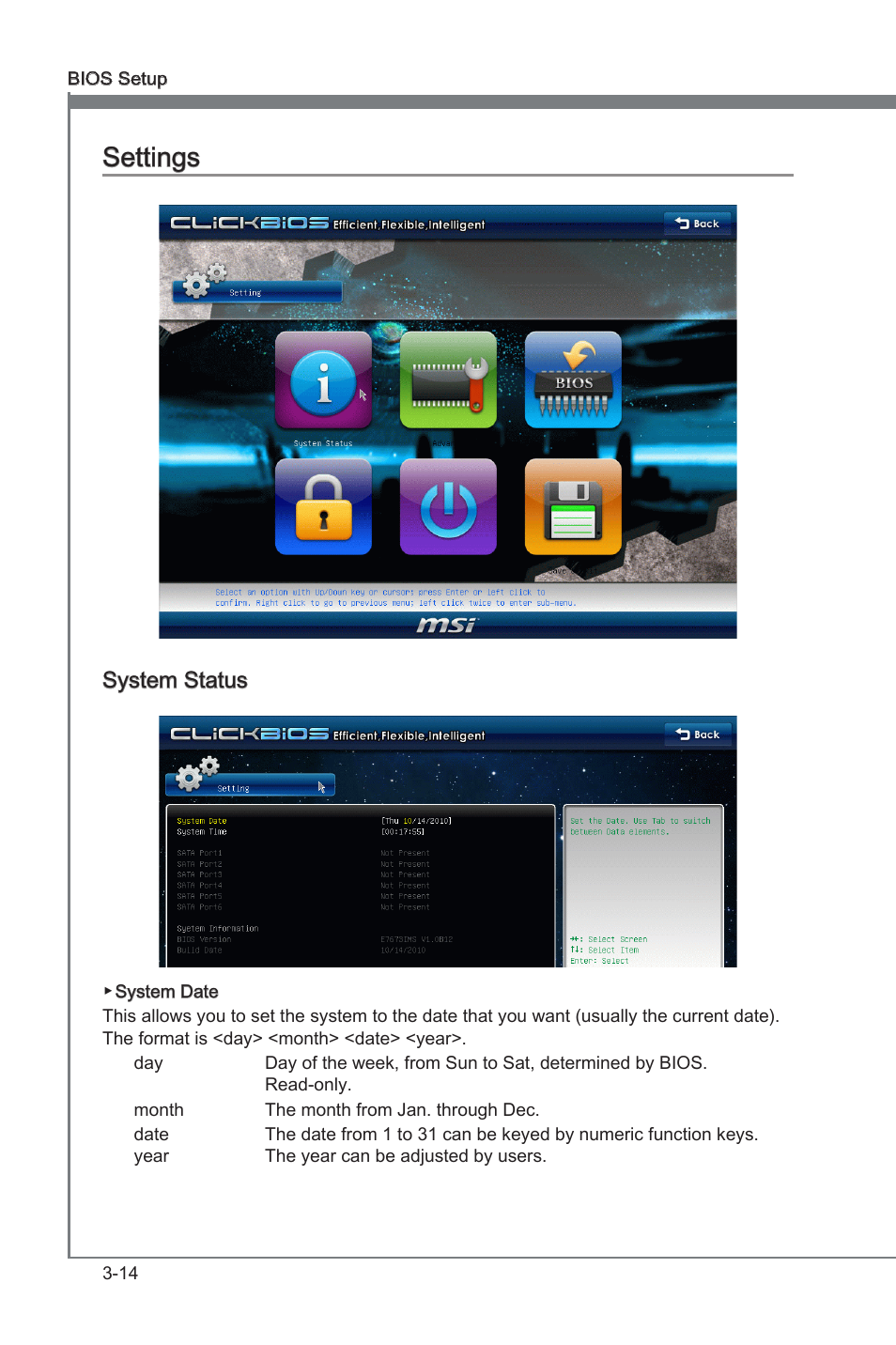 Settings, Settngs -14, Chapter 3 | Chapter 3 settngs, System status | MSI PH67S-C43 (B3) User Manual | Page 54 / 82