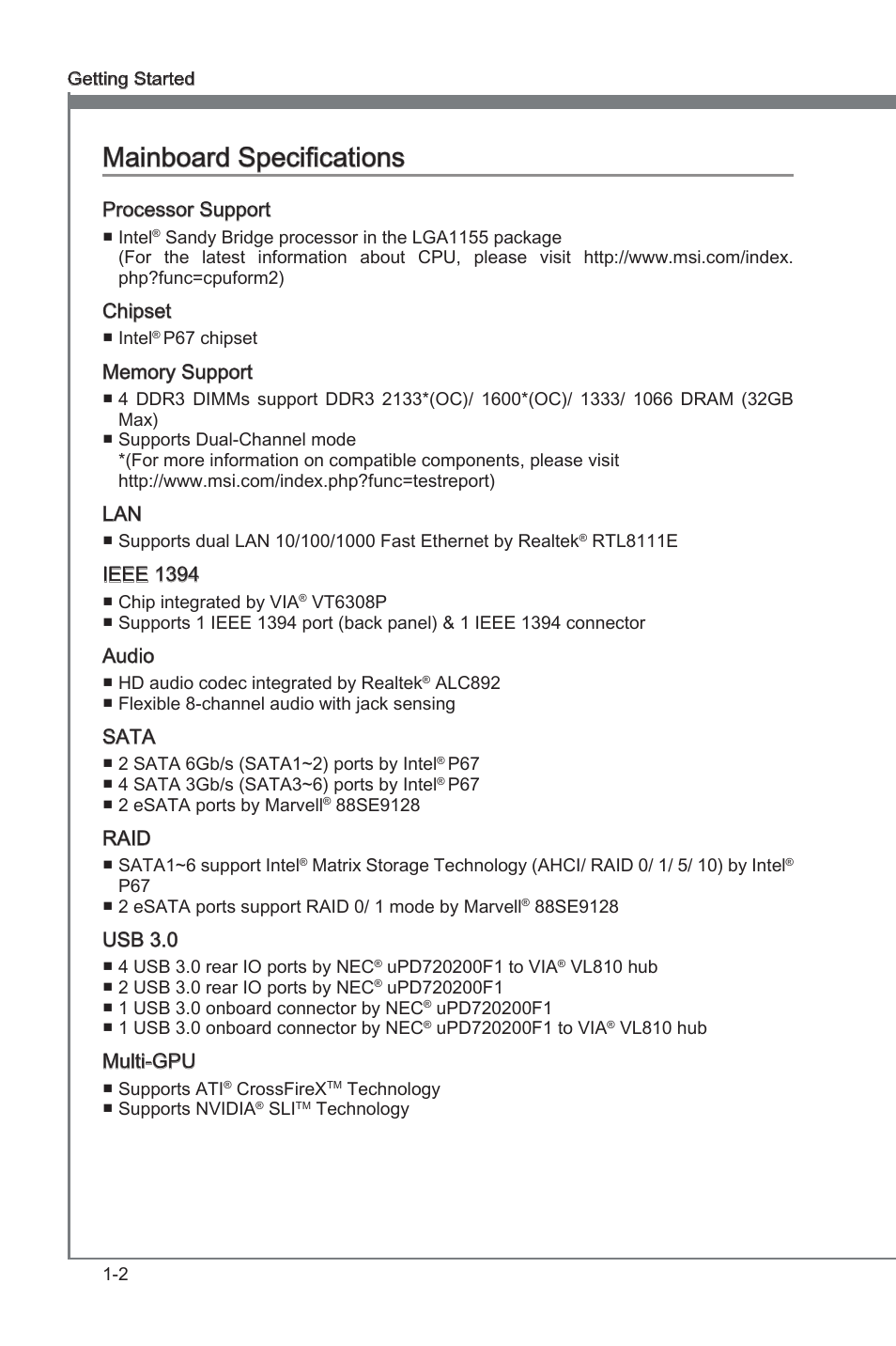 Manboard specficatons | MSI P67A-GD80 (B3) Manual User Manual | Page 12 / 92