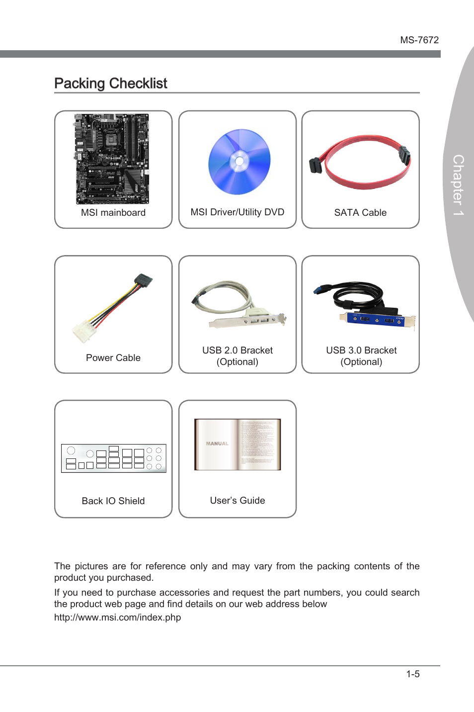 Chapter 1, Packng checklst | MSI P67A-GD80 (B3) Manual User Manual | Page 15 / 92