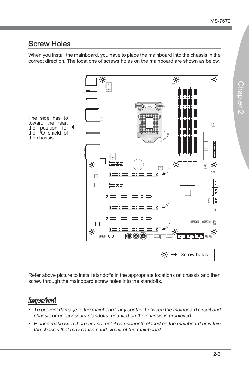 Chapter 2 screw holes, Important | MSI P67A-GD80 (B3) Manual User Manual | Page 19 / 92