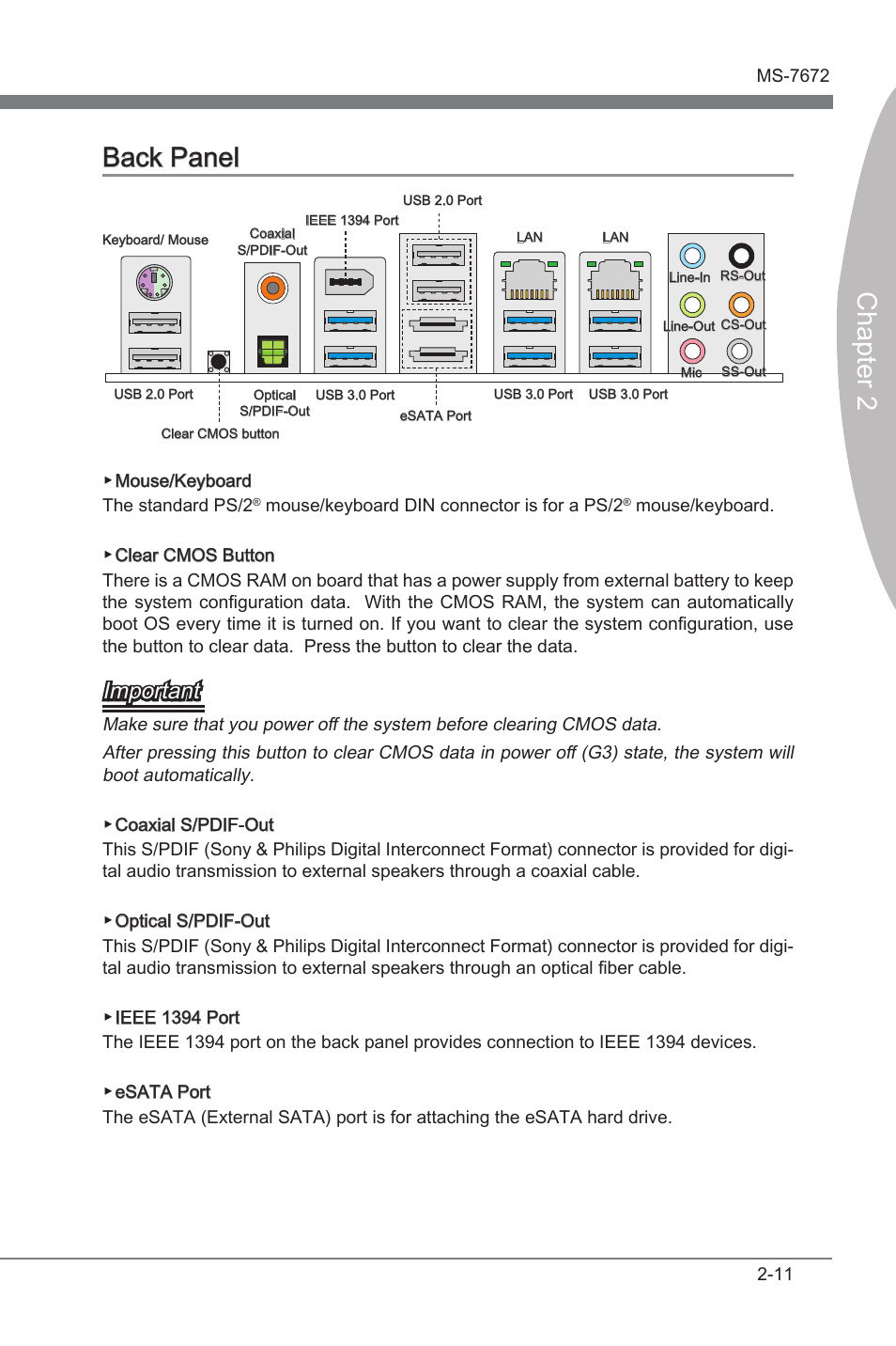 Chapter 2 back panel, Important | MSI P67A-GD80 (B3) Manual User Manual | Page 27 / 92