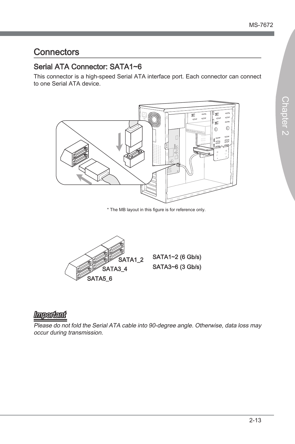 Chapter 2 connectors, Seral ata connector: sata1~6, Important | MSI P67A-GD80 (B3) Manual User Manual | Page 29 / 92