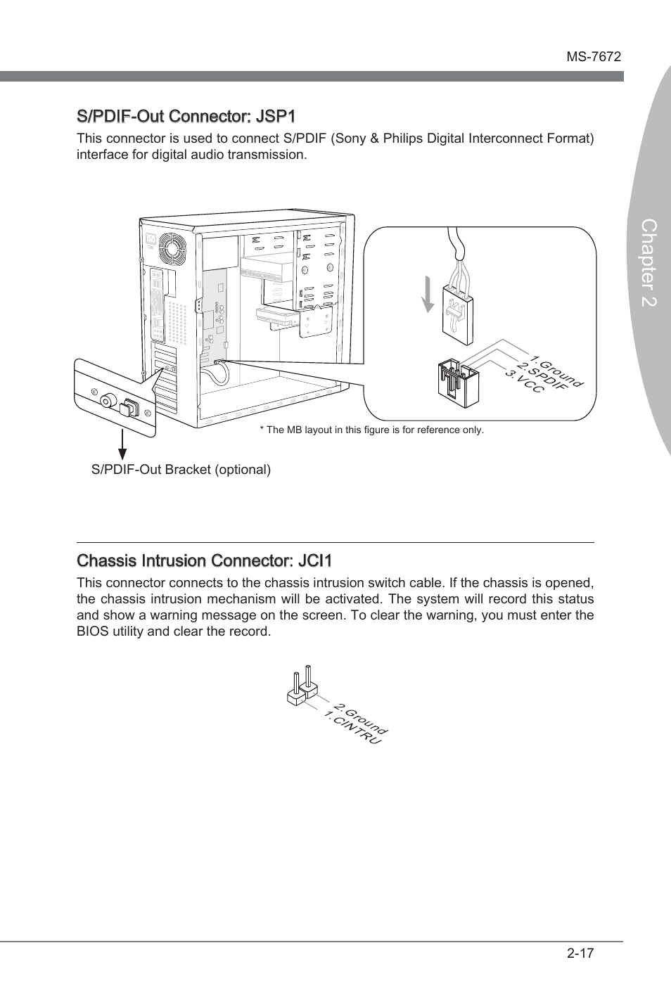 Chapter 2, S/pdif-out connector: jsp1, Chasss intruson connector: jci1 | MSI P67A-GD80 (B3) Manual User Manual | Page 33 / 92