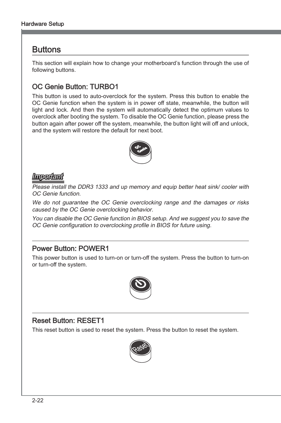 Buttons, Oc gene button: turbo1, Important | Power button: power1, Reset button: reset1 | MSI P67A-GD80 (B3) Manual User Manual | Page 38 / 92