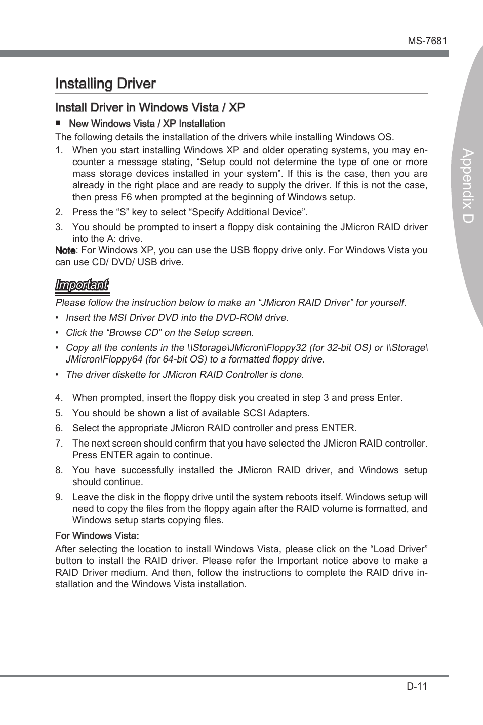 Installing driver, Append x d, Append x d installng drver | Install drver n wndows vsta / xp, Important | MSI P67A-GD65 (B3) Manual User Manual | Page 103 / 110