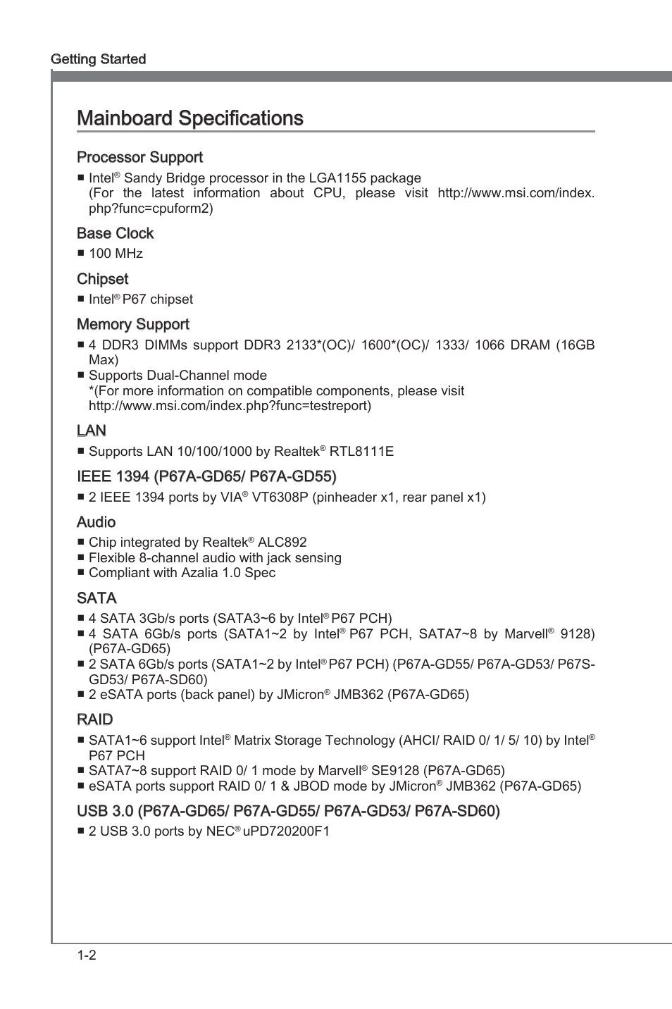 Mainboard specifications, Manboard specficatons -2, Manboard specficatons | MSI P67A-GD65 (B3) Manual User Manual | Page 12 / 110