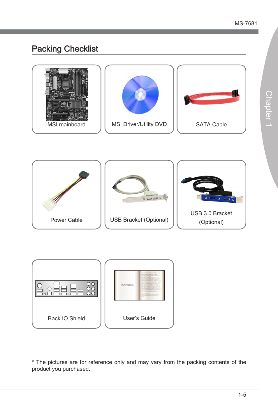 Packing checklist, Packng checklst -5, Chapter 1 | Packng checklst | MSI P67A-GD65 (B3) Manual User Manual | Page 15 / 110