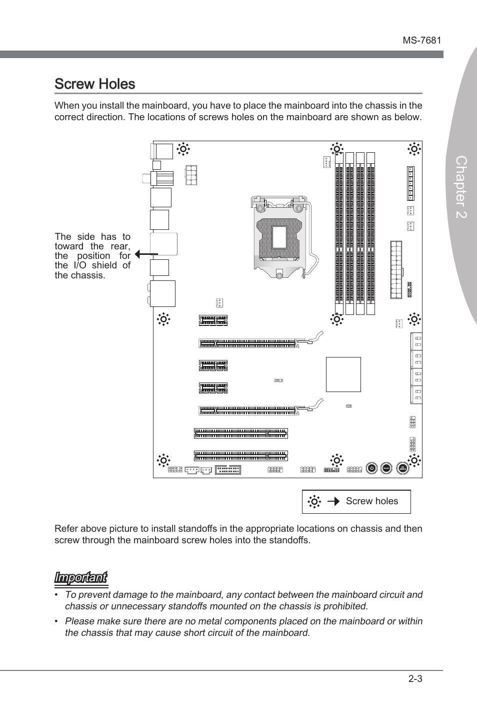 Screw holes, Screw holes -3, Chapter 2 | Chapter 2 screw holes, Important | MSI P67A-GD65 (B3) Manual User Manual | Page 19 / 110