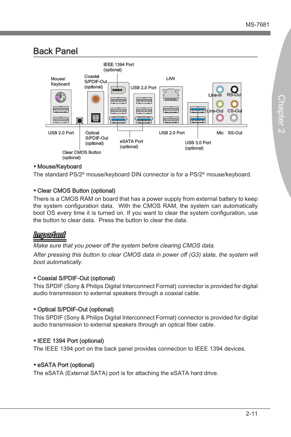 Back panel, Back panel -11, Chapter 2 | Chapter 2 back panel, Important | MSI P67A-GD65 (B3) Manual User Manual | Page 27 / 110