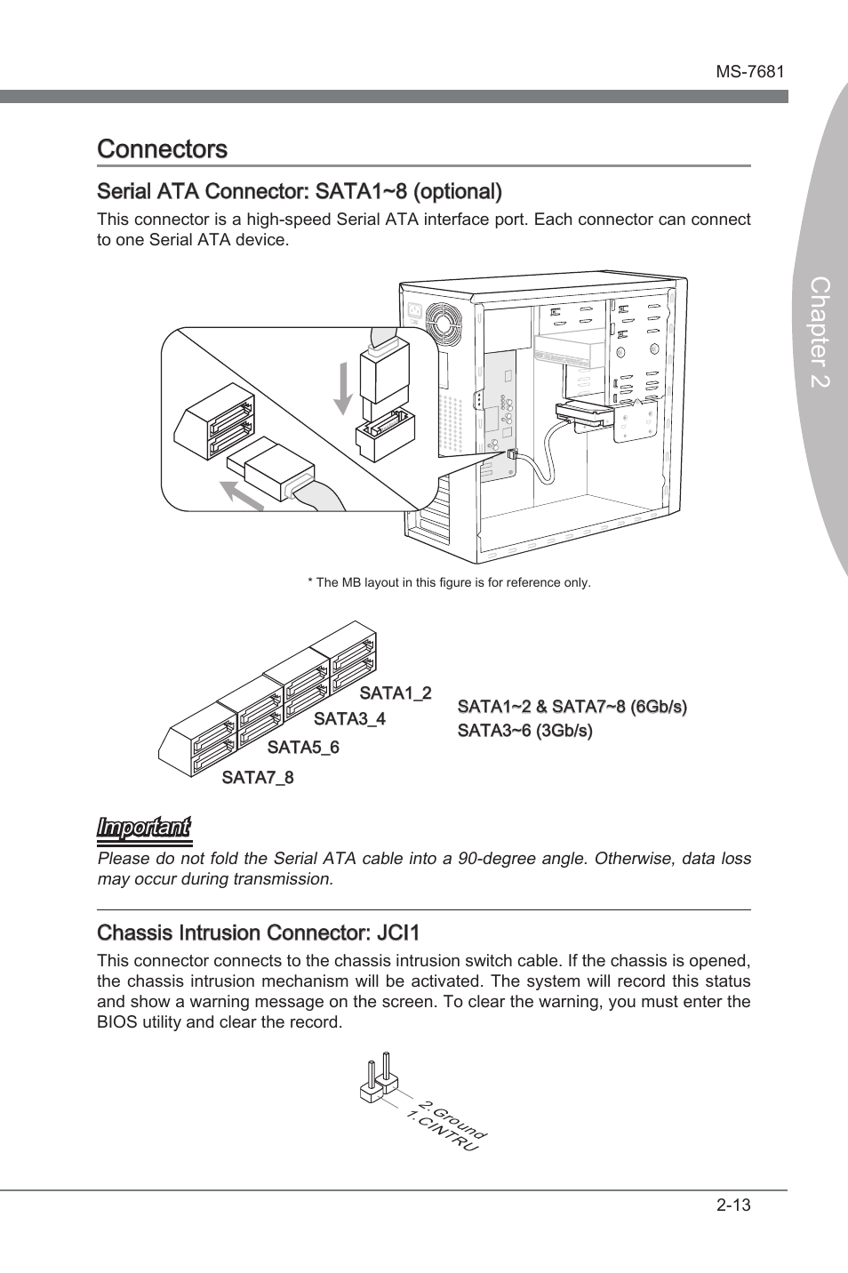 Connectors, Connectors -13, Chapter 2 | Chapter 2 connectors, Seral ata connector: sata1~8 (optonal), Important, Chasss intruson connector: jci1 | MSI P67A-GD65 (B3) Manual User Manual | Page 29 / 110