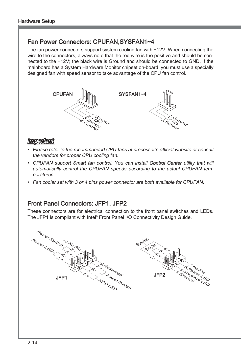 Chapter 2, Fan power connectors: cpufan,sysfan1~4, Important | Front panel connectors: jfp1, jfp2 | MSI P67A-GD65 (B3) Manual User Manual | Page 30 / 110