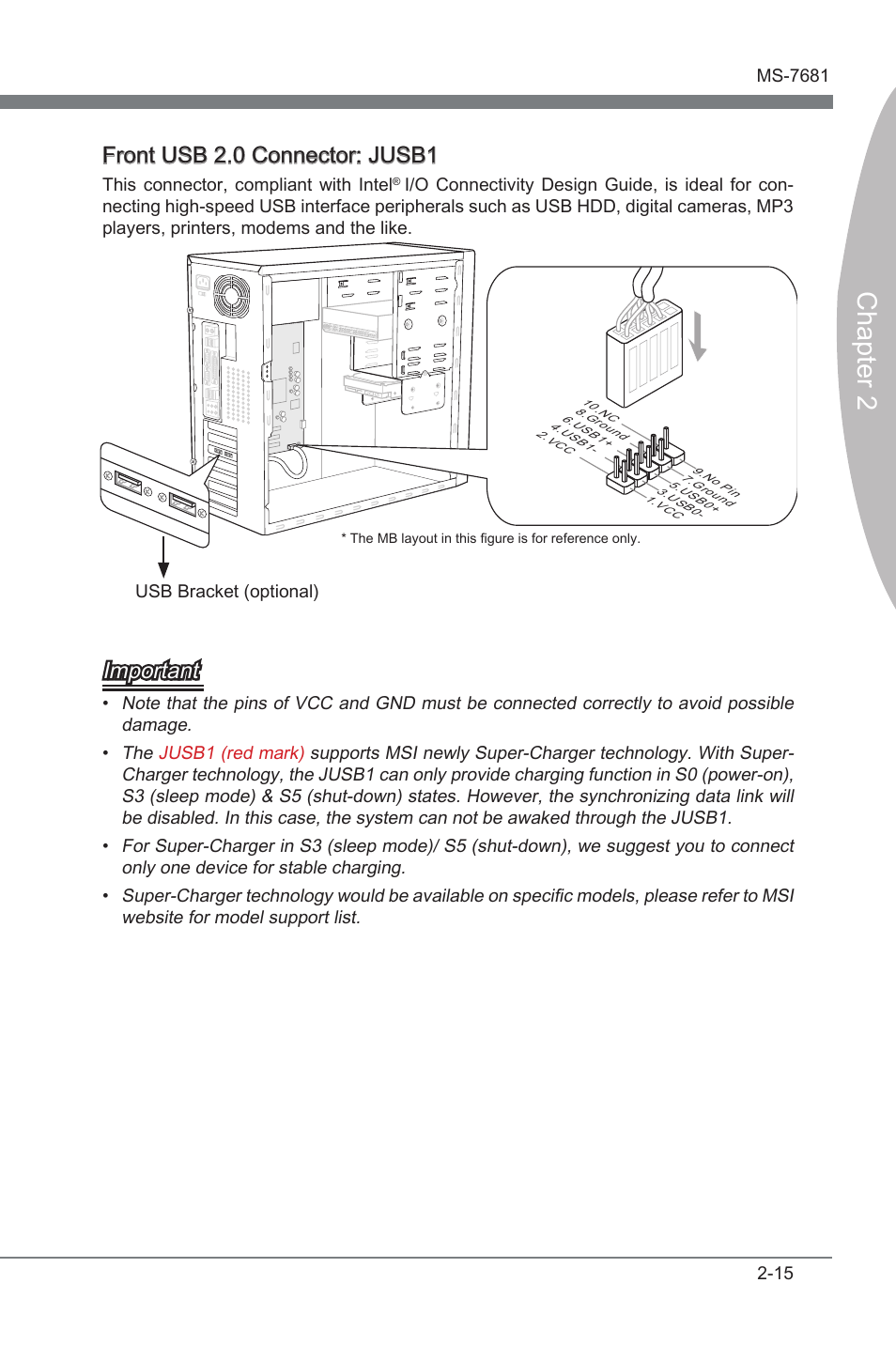 Chapter 2, Front usb 2.0 connector: jusb1, Important | MSI P67A-GD65 (B3) Manual User Manual | Page 31 / 110
