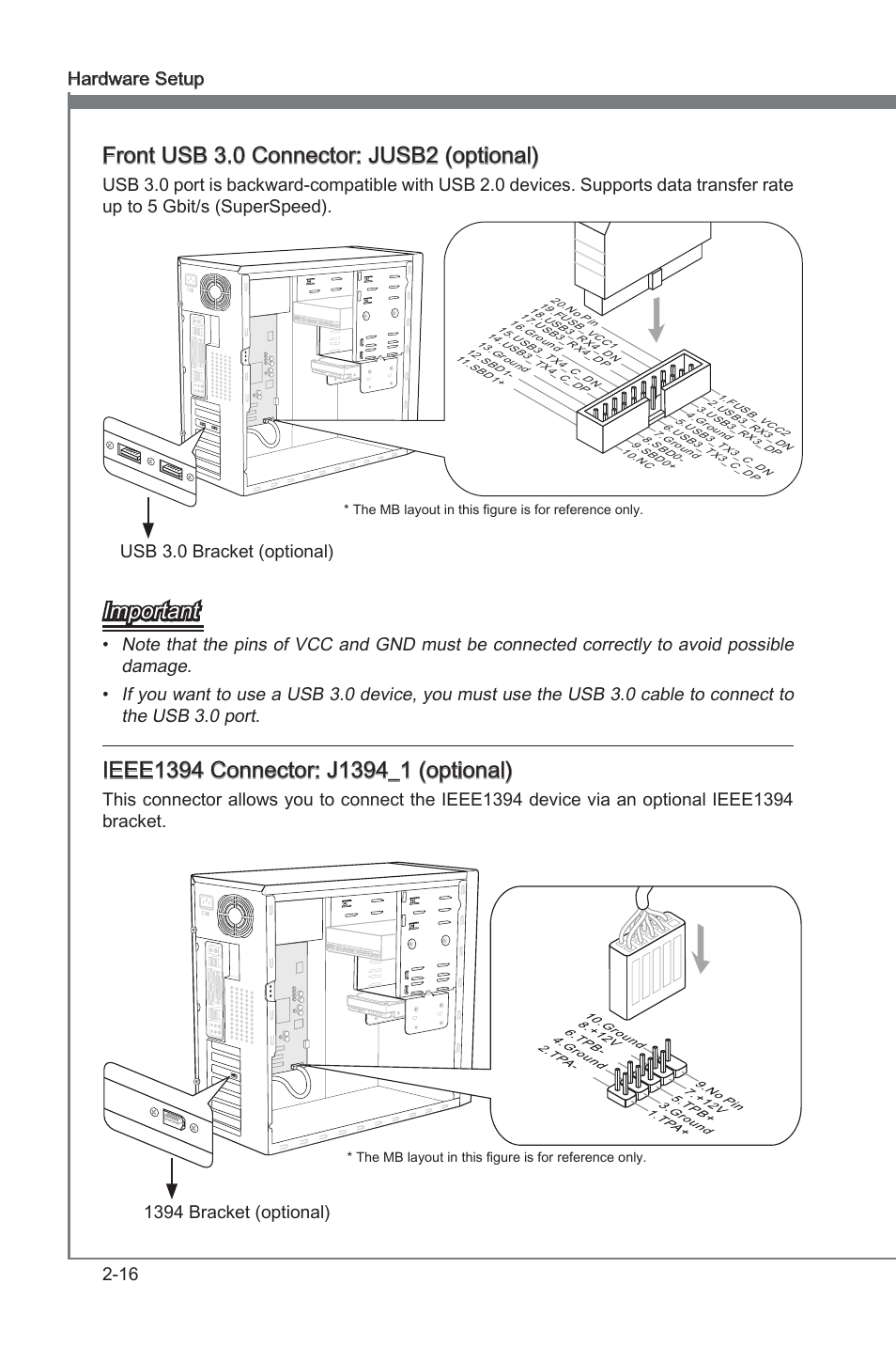 Chapter 2, Front usb 3.0 connector: jusb2 (optonal), Important | Hardware setup ms-7681, Usb 3.0 bracket (optonal), 1394 bracket (optonal) | MSI P67A-GD65 (B3) Manual User Manual | Page 32 / 110